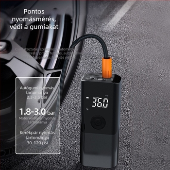 Hordozható autó légpumpa, mini kézi felfújó, 12V, 80W, 25 L/min, digitális kijelző