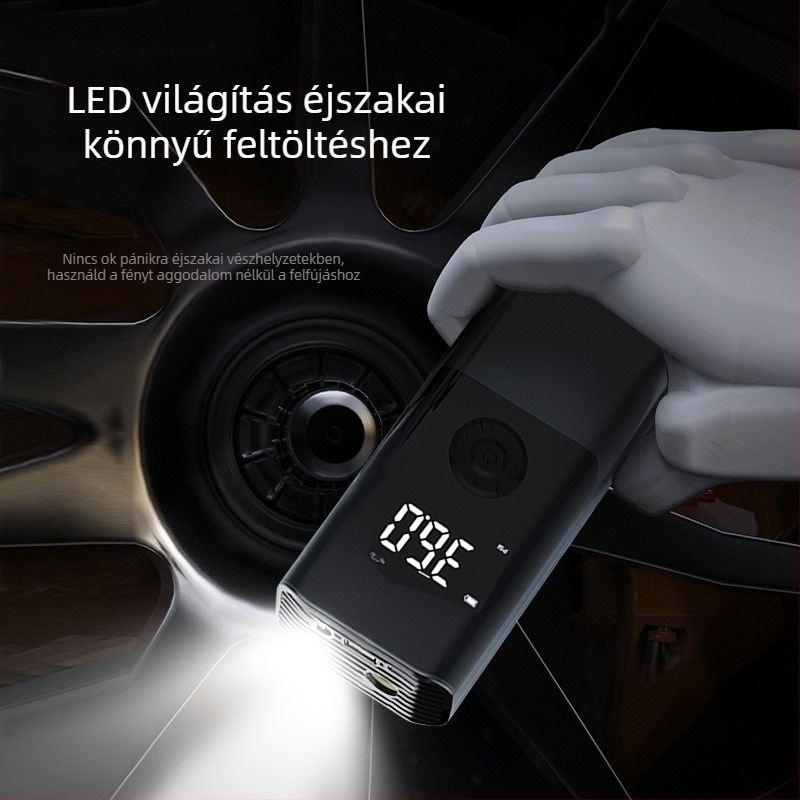 Hordozható autó légpumpa, mini kézi felfújó, 12V, 80W, 25 L/min, digitális kijelző
