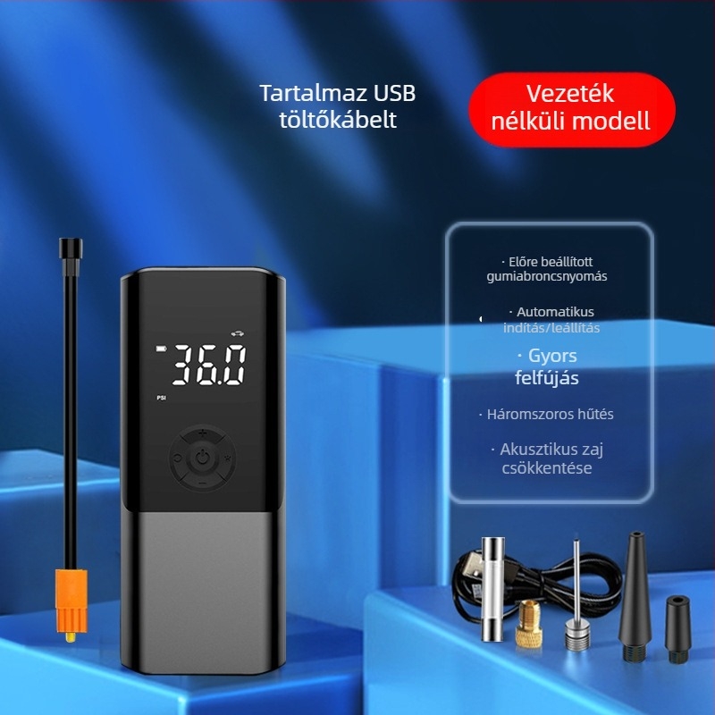 Hordozható autó légpumpa, mini kézi felfújó, 12V, 80W, 25 L/min, digitális kijelző