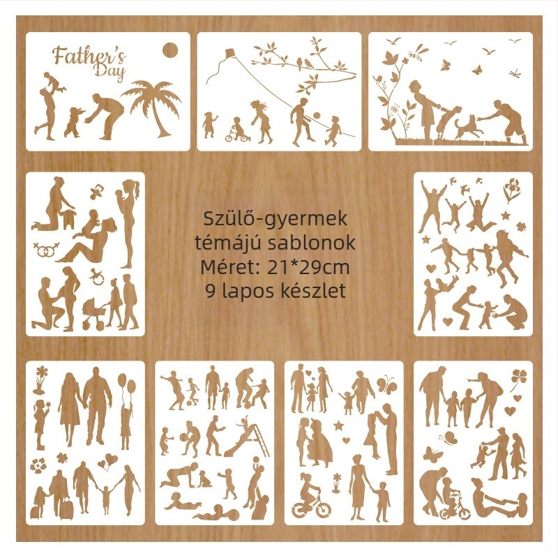 Kihasított műanyag sablon családi témájú rajzokhoz, A4 formátumú DIY fotóalbum készlet – Anyag: PET; Licencelt magáncímke: Igen; IP engedély: Nincs; Import: Nincs