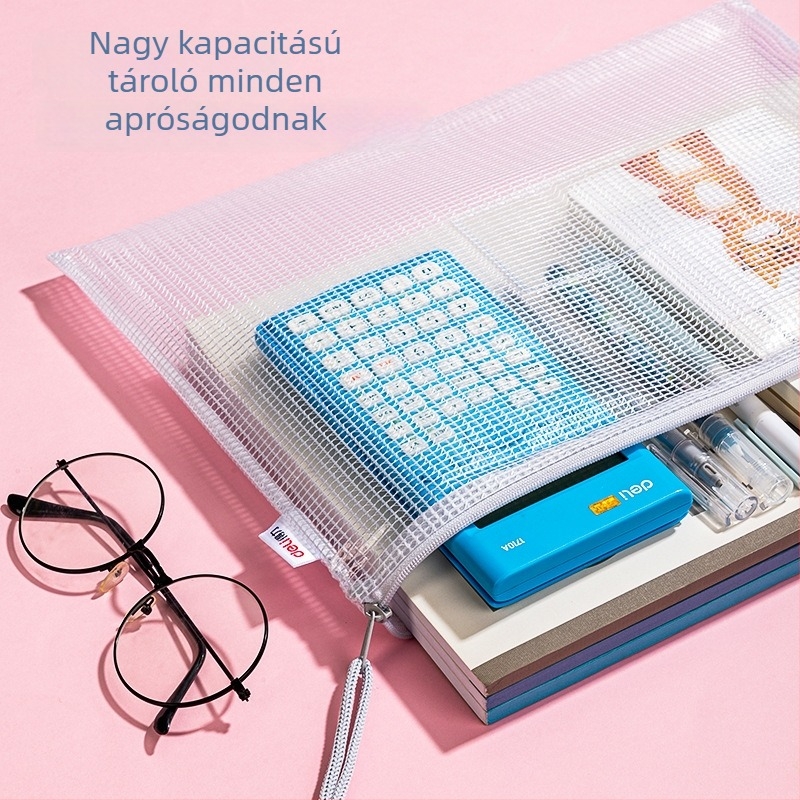 Deli irattartó cipzárral, átlátszó nejlonháló