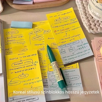 Koreai stílusú hosszú jegyzetfüzet kontrasztos színekkel, diákoknak, téphető üzenetlapok ragasztó nélkül, 100 oldal