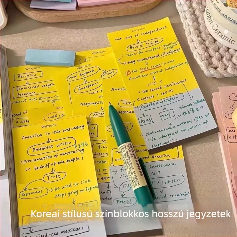 Koreai stílusú hosszú jegyzetfüzet kontrasztos színekkel, diákoknak, téphető üzenetlapok ragasztó nélkül, 100 oldal