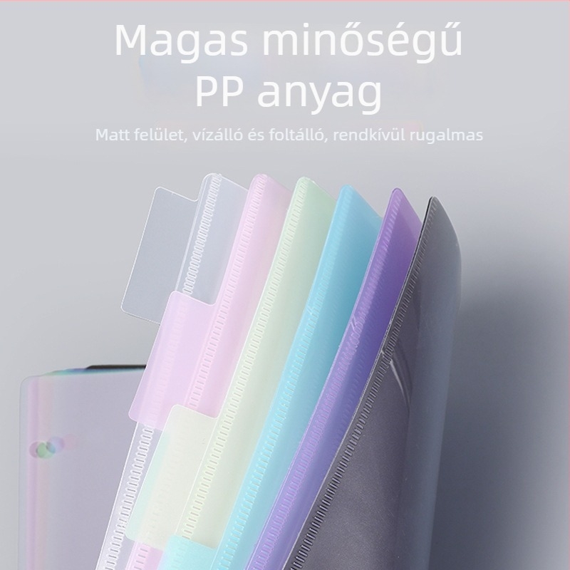 Többoldalas mappa 3 lyukkal, 6 oldalakkal, vízálló PP-anyag, dupla zseb.