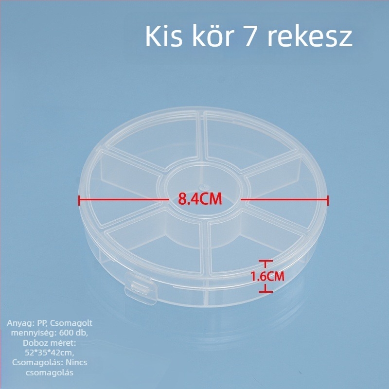 Kerek PP műanyag asztali tároló doboz osztókkal, átlátszó, 1 L kapacitás, 6-8 rekesz