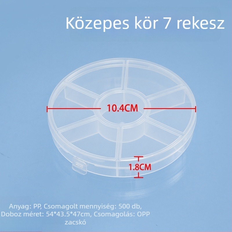 Kerek PP műanyag asztali tároló doboz osztókkal, átlátszó, 1 L kapacitás, 6-8 rekesz