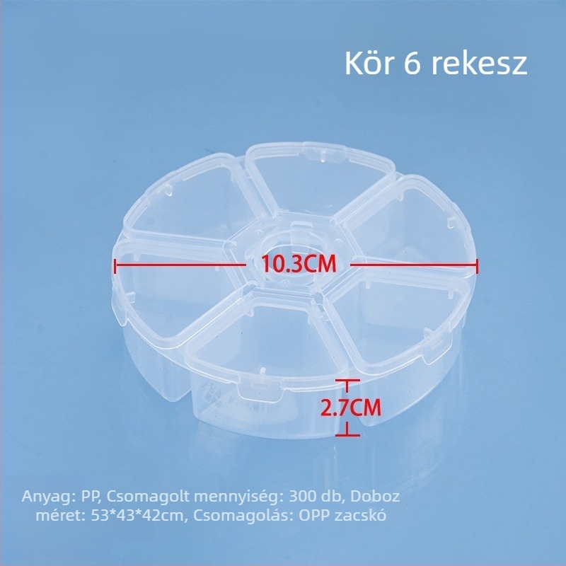 Kerek PP műanyag asztali tároló doboz osztókkal, átlátszó, 1 L kapacitás, 6-8 rekesz
