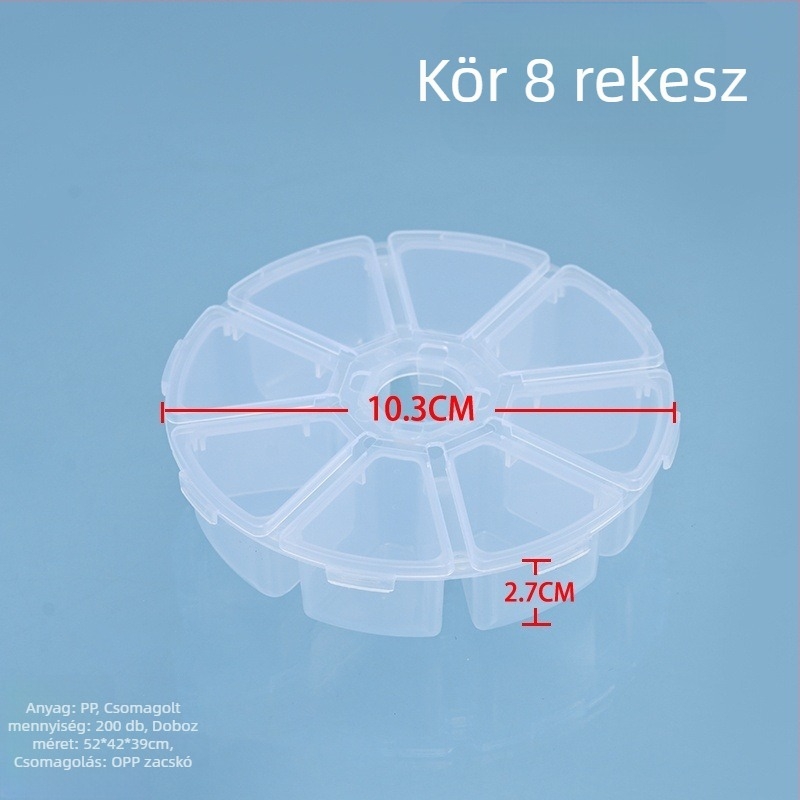 Kerek PP műanyag asztali tároló doboz osztókkal, átlátszó, 1 L kapacitás, 6-8 rekesz