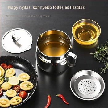 Rozsdamentes acél olajtartó kanna szűrővel – konyhai használatra, olaj leeresztése és tárolása