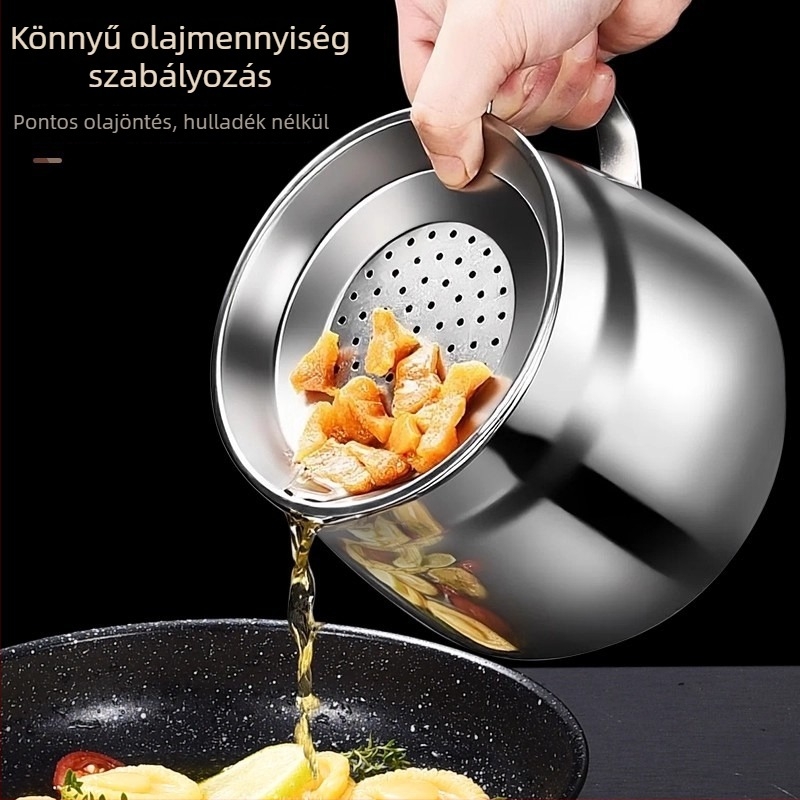 Rozsdamentes acél olajtartó kanna szűrővel – konyhai használatra, olaj leeresztése és tárolása