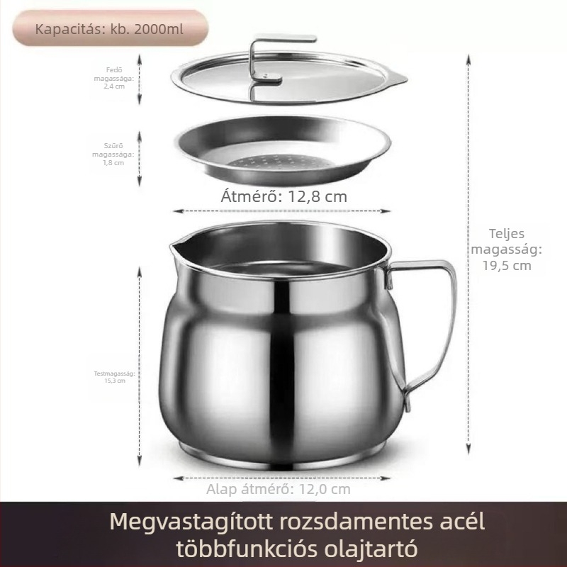 Rozsdamentes acél olajtartó kanna szűrővel – konyhai használatra, olaj leeresztése és tárolása