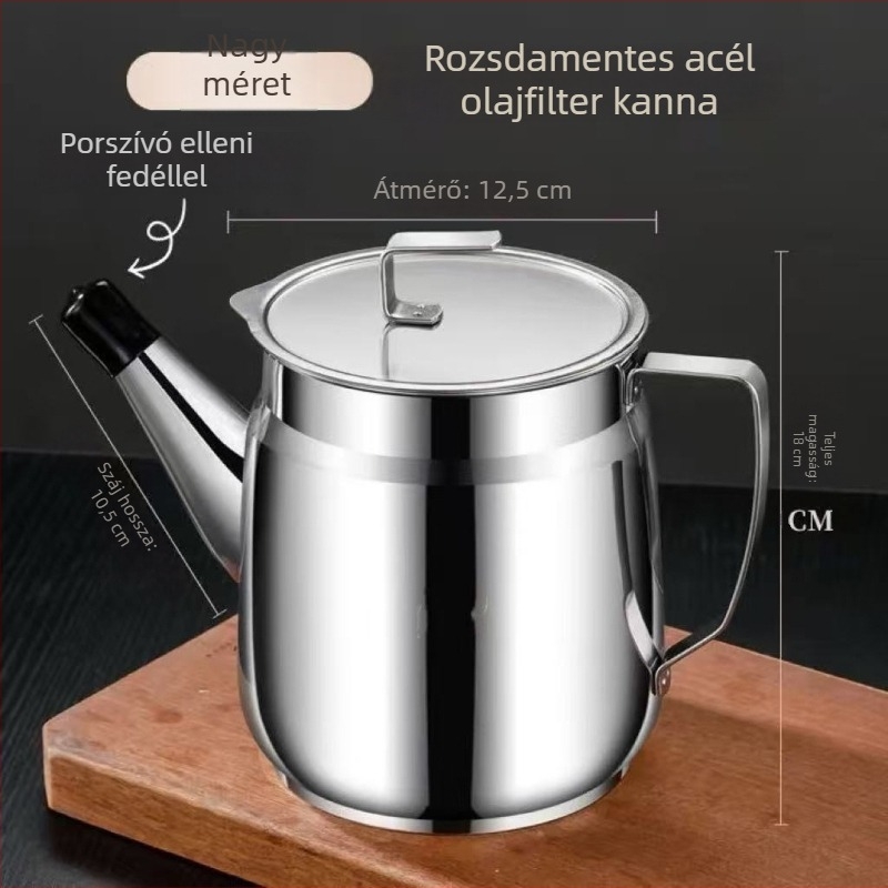 Rozsdamentes acél olajtartó kanna szűrővel – konyhai használatra, olaj leeresztése és tárolása