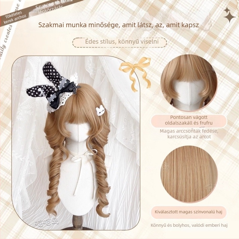 Hosszú göndör paróka frufruval — Modell X-128 jellyfish roll — Hőálló szálak — Gyártási technológia: Mechanizmus — Növeli a haj volumenét