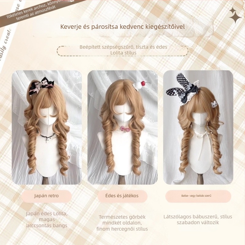 Hosszú göndör paróka frufruval — Modell X-128 jellyfish roll — Hőálló szálak — Gyártási technológia: Mechanizmus — Növeli a haj volumenét