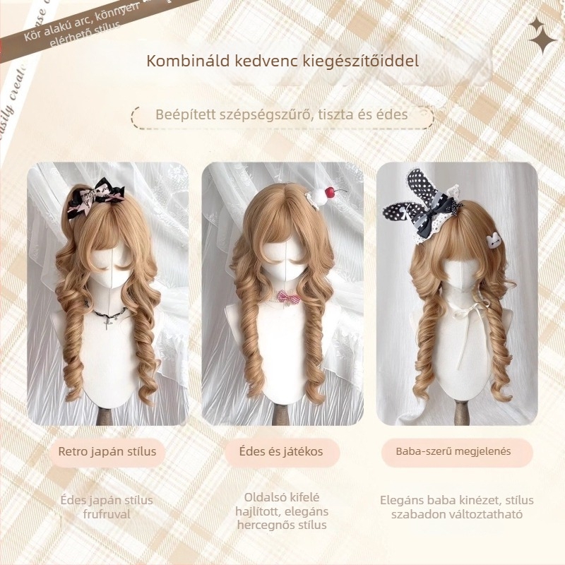 Hosszú göndör paróka frufruval — Modell X-128 jellyfish roll — Hőálló szálak — Gyártási technológia: Mechanizmus — Növeli a haj volumenét