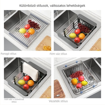 Konyhai kihúzható rozsdamentes acél lefolyókosár — összecsukható, többfunkciós, telepítés nélkül, 201 rozsdamentes acél