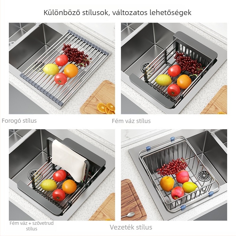 Konyhai kihúzható rozsdamentes acél lefolyókosár — összecsukható, többfunkciós, telepítés nélkül, 201 rozsdamentes acél