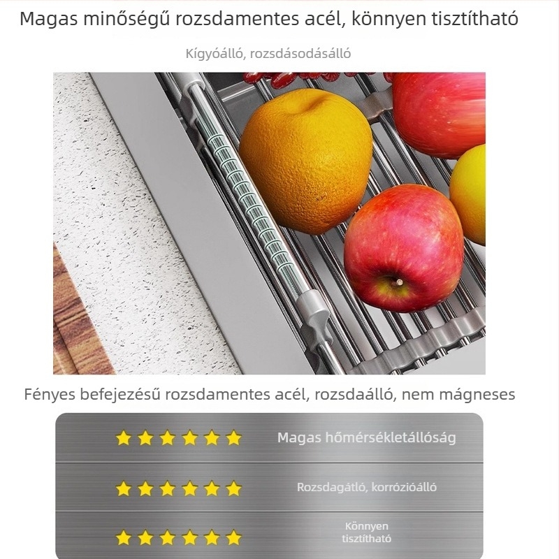 Konyhai kihúzható rozsdamentes acél lefolyókosár — összecsukható, többfunkciós, telepítés nélkül, 201 rozsdamentes acél
