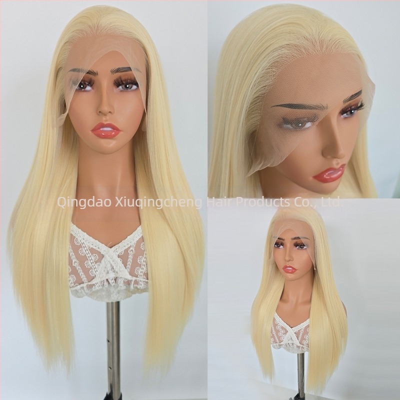 Beige hosszú, egyenes paróka elülső csipkével, 13x4, matt felület, magas hőálló rostokból, cosplay paróka, teljes fej