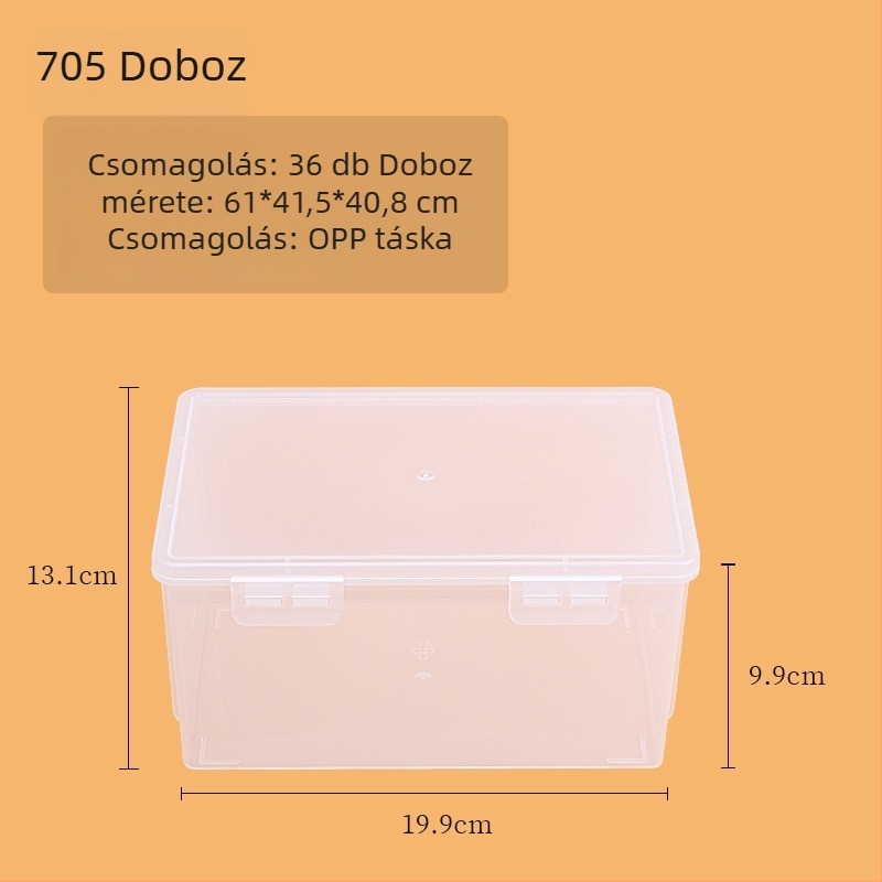 Átlátszó műanyag téglalap alakú tároló doboz fedéllel, modell 705-709, 100% új anyag, irodai kellékek rendszerezésére.
