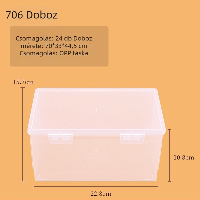Átlátszó műanyag téglalap alakú tároló doboz fedéllel, modell 705-709, 100% új anyag, irodai kellékek rendszerezésére.