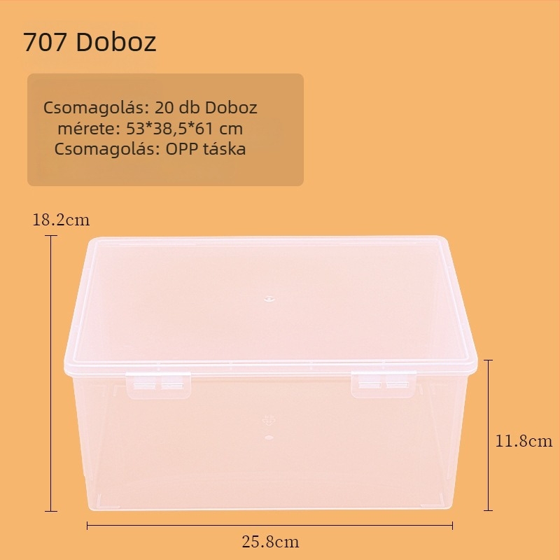 Átlátszó műanyag téglalap alakú tároló doboz fedéllel, modell 705-709, 100% új anyag, irodai kellékek rendszerezésére.