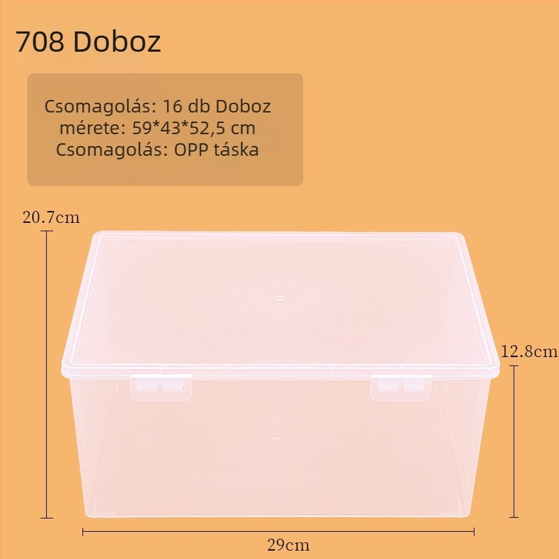 Átlátszó műanyag téglalap alakú tároló doboz fedéllel, modell 705-709, 100% új anyag, irodai kellékek rendszerezésére.
