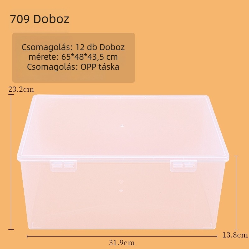 Átlátszó műanyag téglalap alakú tároló doboz fedéllel, modell 705-709, 100% új anyag, irodai kellékek rendszerezésére.