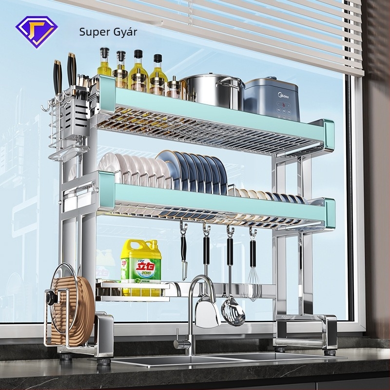 Rozsdamentes acélból készült konyhai tárolóállvány leeresztővel, tálak és tányérok számára, tartó a vágódeszkákhoz és a fazékfedőknek, asztalra helyezhető
