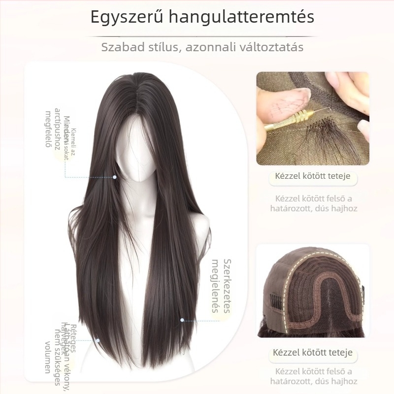 Hosszú egyenes paróka koreai stílussal, hőálló rostból, teljes fejfedés, hosszú haj, frufru lehet egyenes vagy ferde.