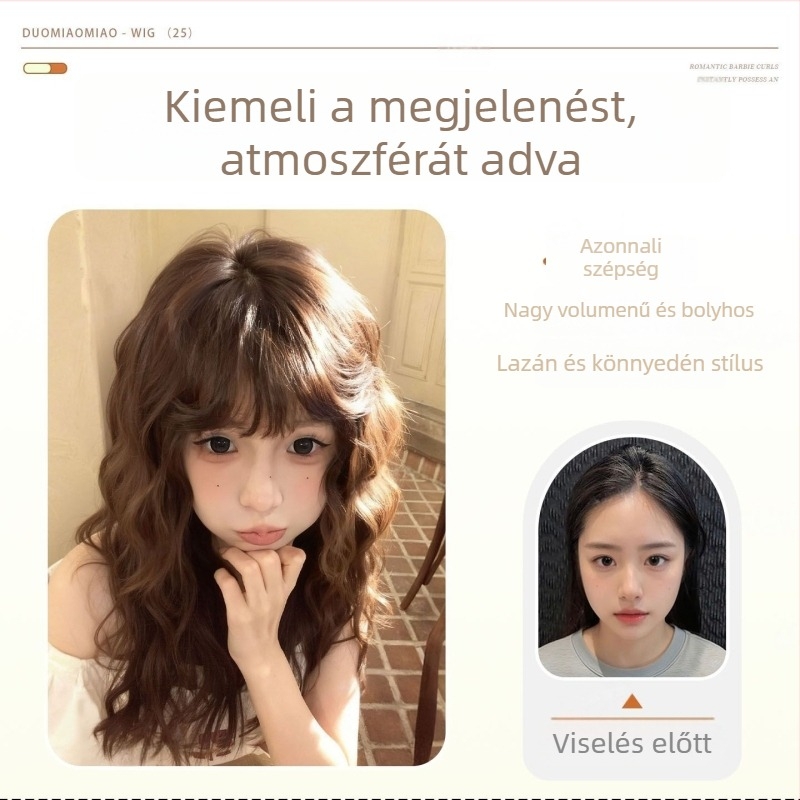Teljes paróka hosszú göndör hajjal, gépi szövésű, fehérje selyem, egyenes frufru, minden arctípushoz illeszkedik