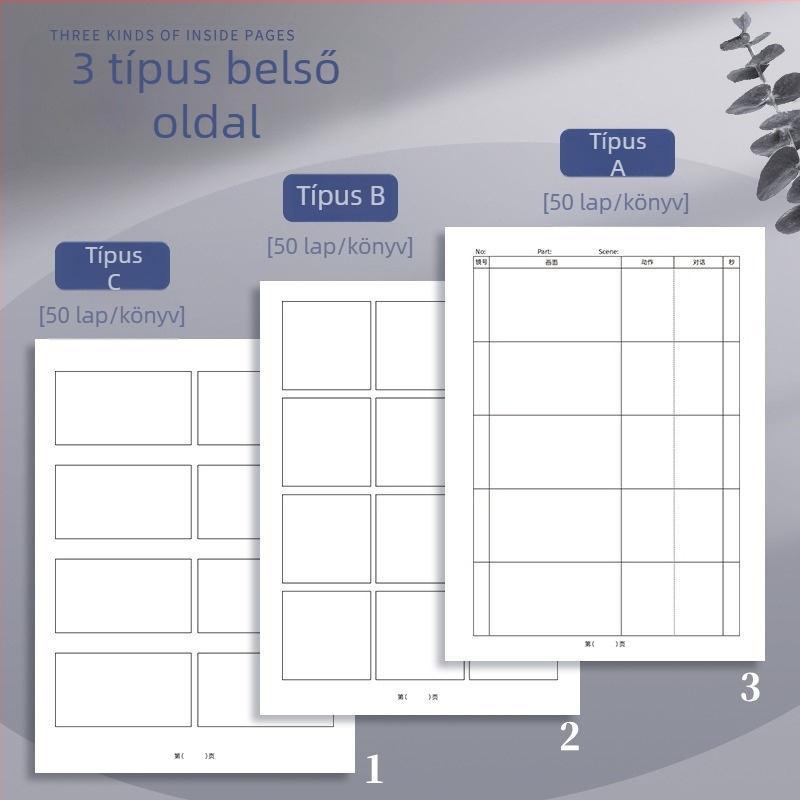 Berleness animációs storyboard jegyzetfüzet négy keretes rácsos elrendezéssel, leválasztható lapok, 95 g/m² nyersfa cellulóz papír, 50–100 oldal