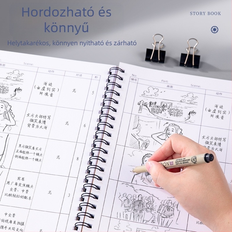 Berleness animációs storyboard jegyzetfüzet négy keretes rácsos elrendezéssel, leválasztható lapok, 95 g/m² nyersfa cellulóz papír, 50–100 oldal