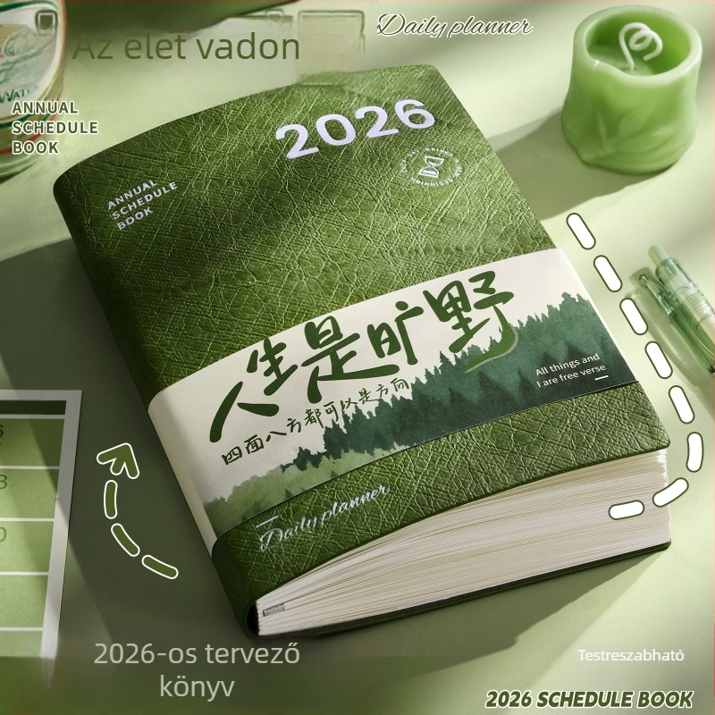 2026-os teljes éves ütemtervű jegyzetfüzet: éves naptár, munkanapló, varrott kötés, PU fedő, Dowling papír, 80 g/m², 50–100 oldal, japán és koreai stílus
