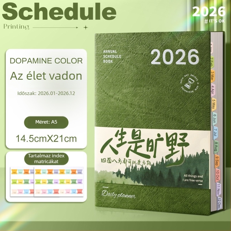 2026-os teljes éves ütemtervű jegyzetfüzet: éves naptár, munkanapló, varrott kötés, PU fedő, Dowling papír, 80 g/m², 50–100 oldal, japán és koreai stílus