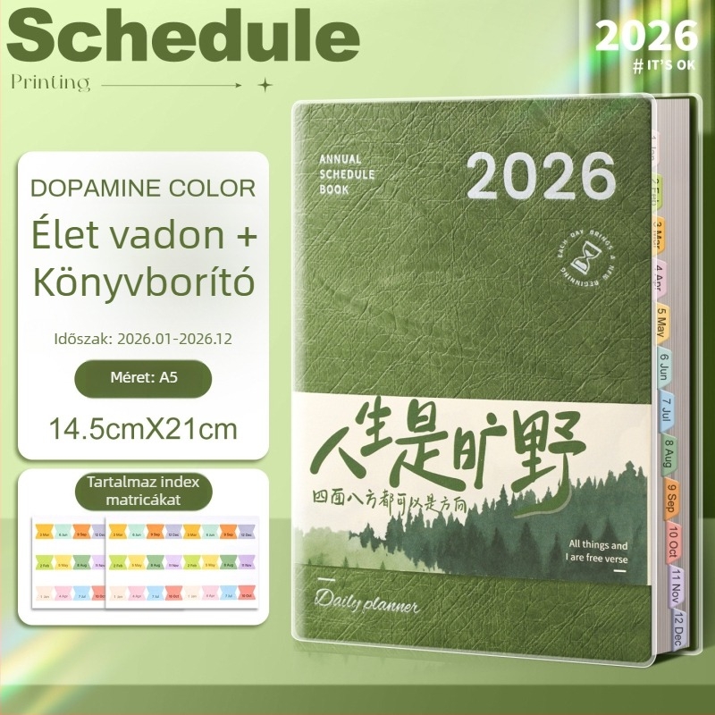2026-os teljes éves ütemtervű jegyzetfüzet: éves naptár, munkanapló, varrott kötés, PU fedő, Dowling papír, 80 g/m², 50–100 oldal, japán és koreai stílus
