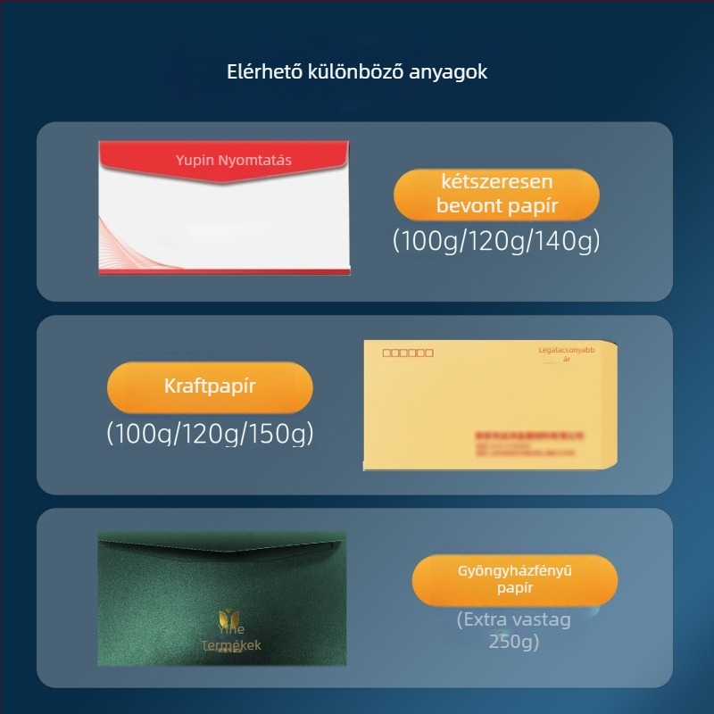 Meghívó- és számla boríték logónyomással és arany domborítással – prémium érzet; anyagok: dupla offset papír, kraft papír, fehér karton; 100 db/szett