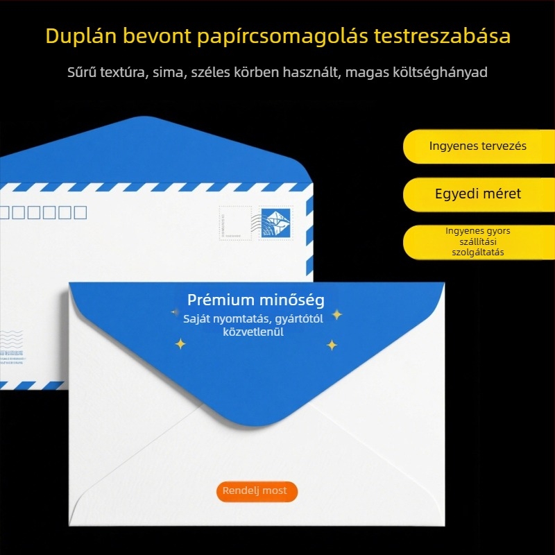 Meghívó- és számla boríték logónyomással és arany domborítással – prémium érzet; anyagok: dupla offset papír, kraft papír, fehér karton; 100 db/szett