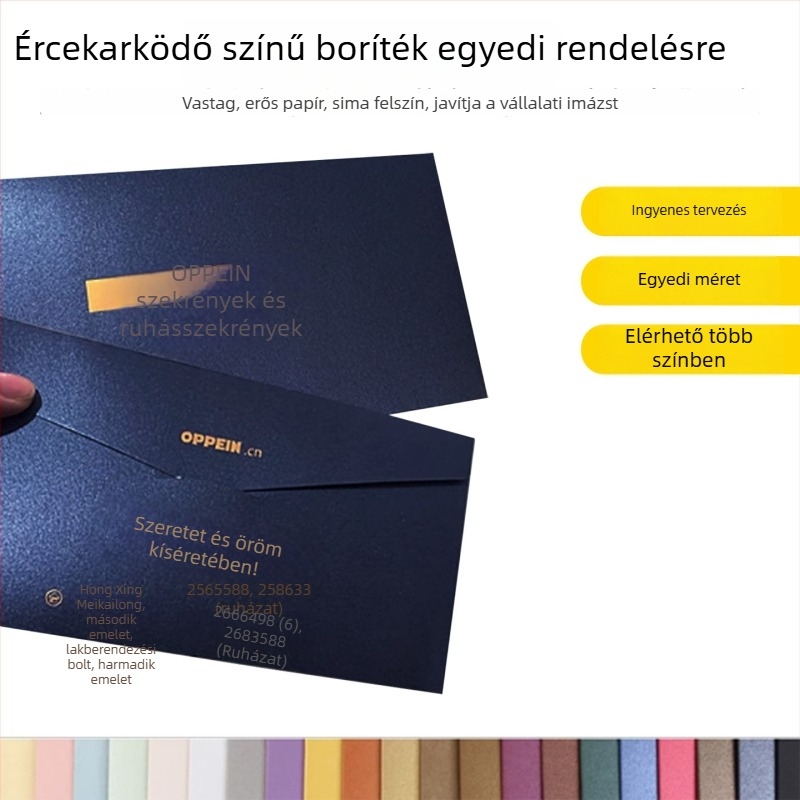 Meghívó- és számla boríték logónyomással és arany domborítással – prémium érzet; anyagok: dupla offset papír, kraft papír, fehér karton; 100 db/szett
