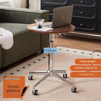 Kávézóasztal kör alakú márvány toppal, fémből készült vázzal és fa kerettel, görgőkkel