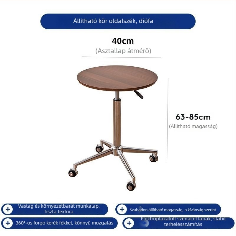 Kávézóasztal kör alakú márvány toppal, fémből készült vázzal és fa kerettel, görgőkkel