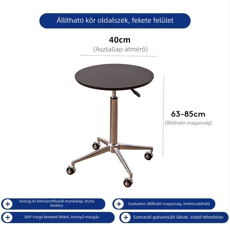 Kávézóasztal kör alakú márvány toppal, fémből készült vázzal és fa kerettel, görgőkkel