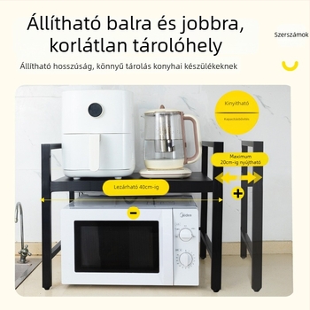 Szénacélból készült, kihúzható mikrosütő tárolóállvány – két szintű konyhai rendező, téglalap alakú, modern minimalist stílus, munkalapra vagy a szekrény alá/fölé