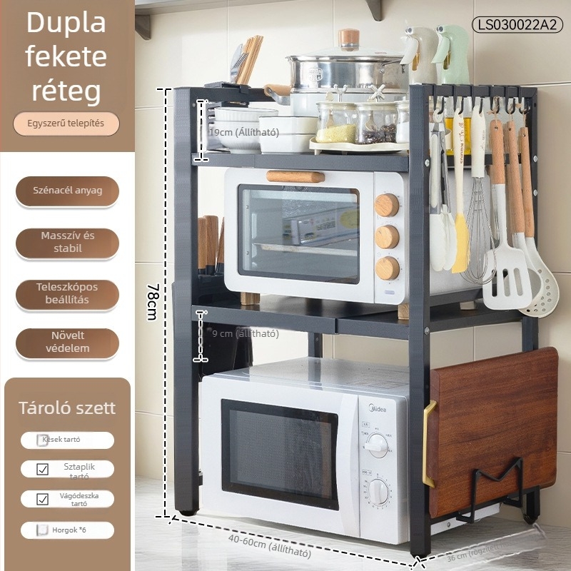 Szénacélból készült, kihúzható mikrosütő tárolóállvány – két szintű konyhai rendező, téglalap alakú, modern minimalist stílus, munkalapra vagy a szekrény alá/fölé