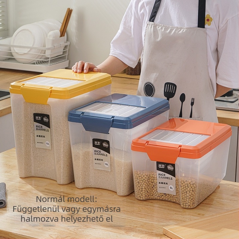 Zárható műanyag rizstároló tartály nedvesség- és kártevő elleni védelemmel | Kapacitás 9-10 L, márka Qunrong, testre szabható logó
