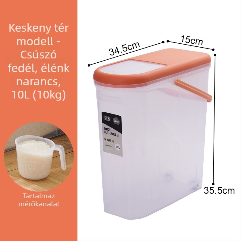 Zárható műanyag rizstároló tartály nedvesség- és kártevő elleni védelemmel | Kapacitás 9-10 L, márka Qunrong, testre szabható logó