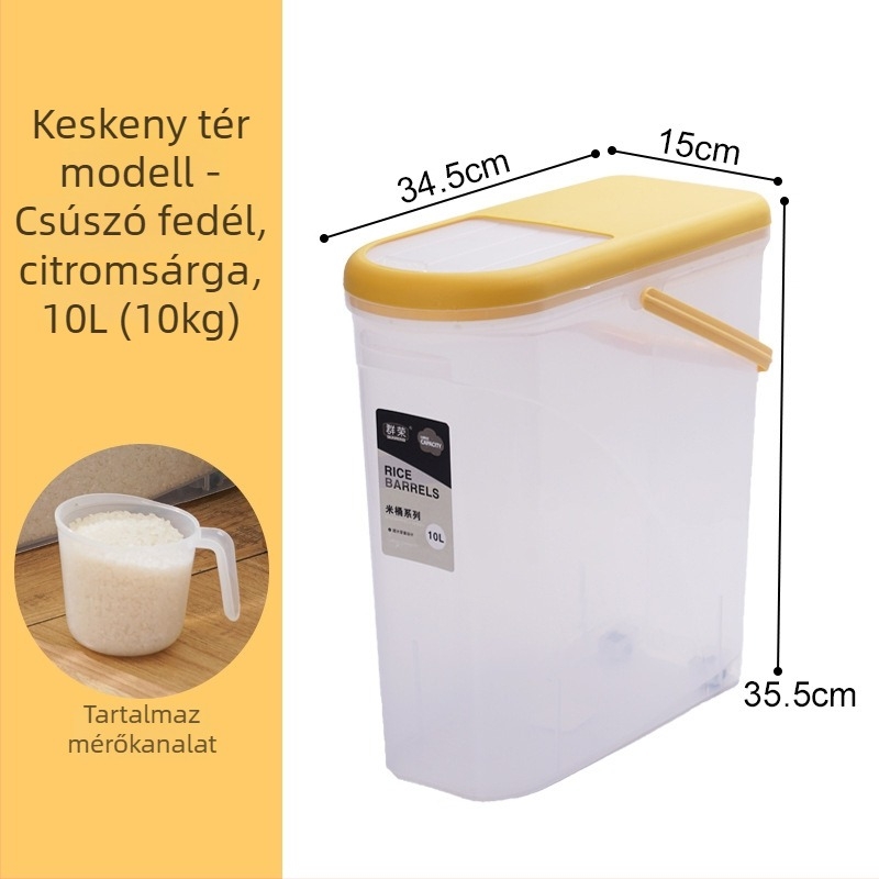 Zárható műanyag rizstároló tartály nedvesség- és kártevő elleni védelemmel | Kapacitás 9-10 L, márka Qunrong, testre szabható logó