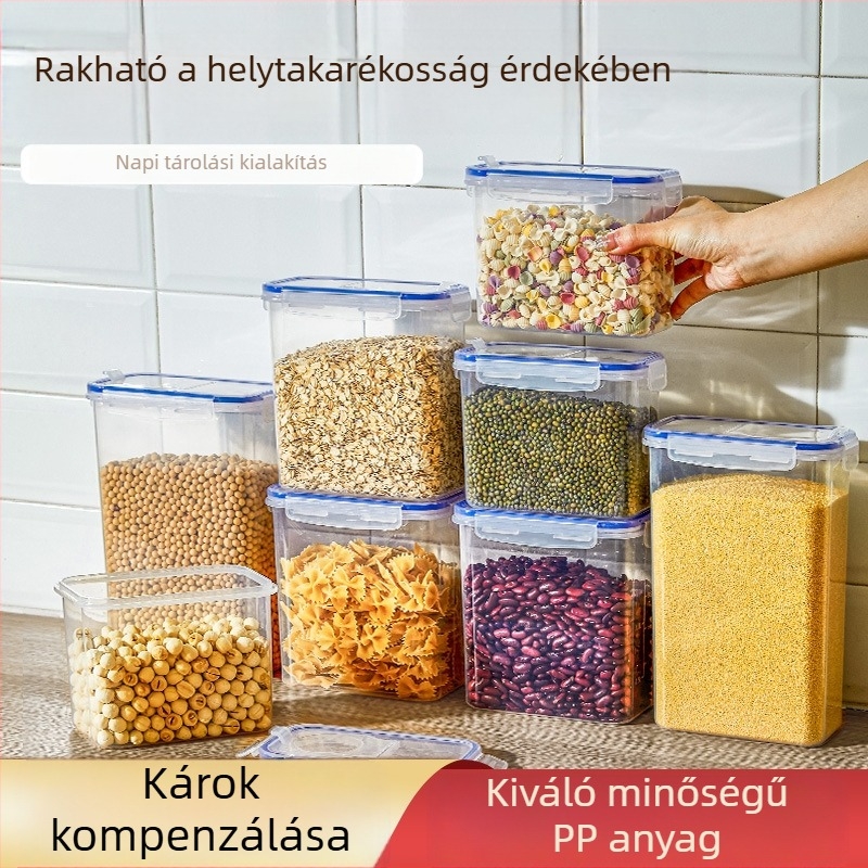 Ran Ye PP négyzetes nedvességálló gabona- és nasi tárolóedény, kapacitás 2.1–3 L