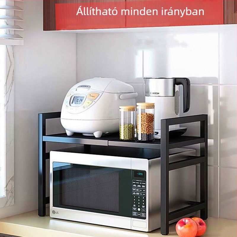 Konyhai tároló állvány teleszkópos mikróhoz – kétszintes, magasságállítás, multifunkcionális; Anyag: szénacél; Modell: JNSDQ-905A; Stílus: Modern Minimalista