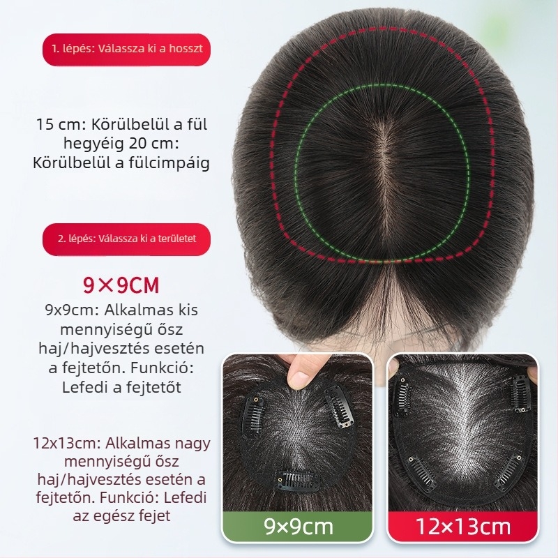 Női fejtető topperszőr a szürke haj fedésére, kézzel szőtt 9x9 svájci háló, 15 cm, természetes emberi haj, volumen növelő hajdarab